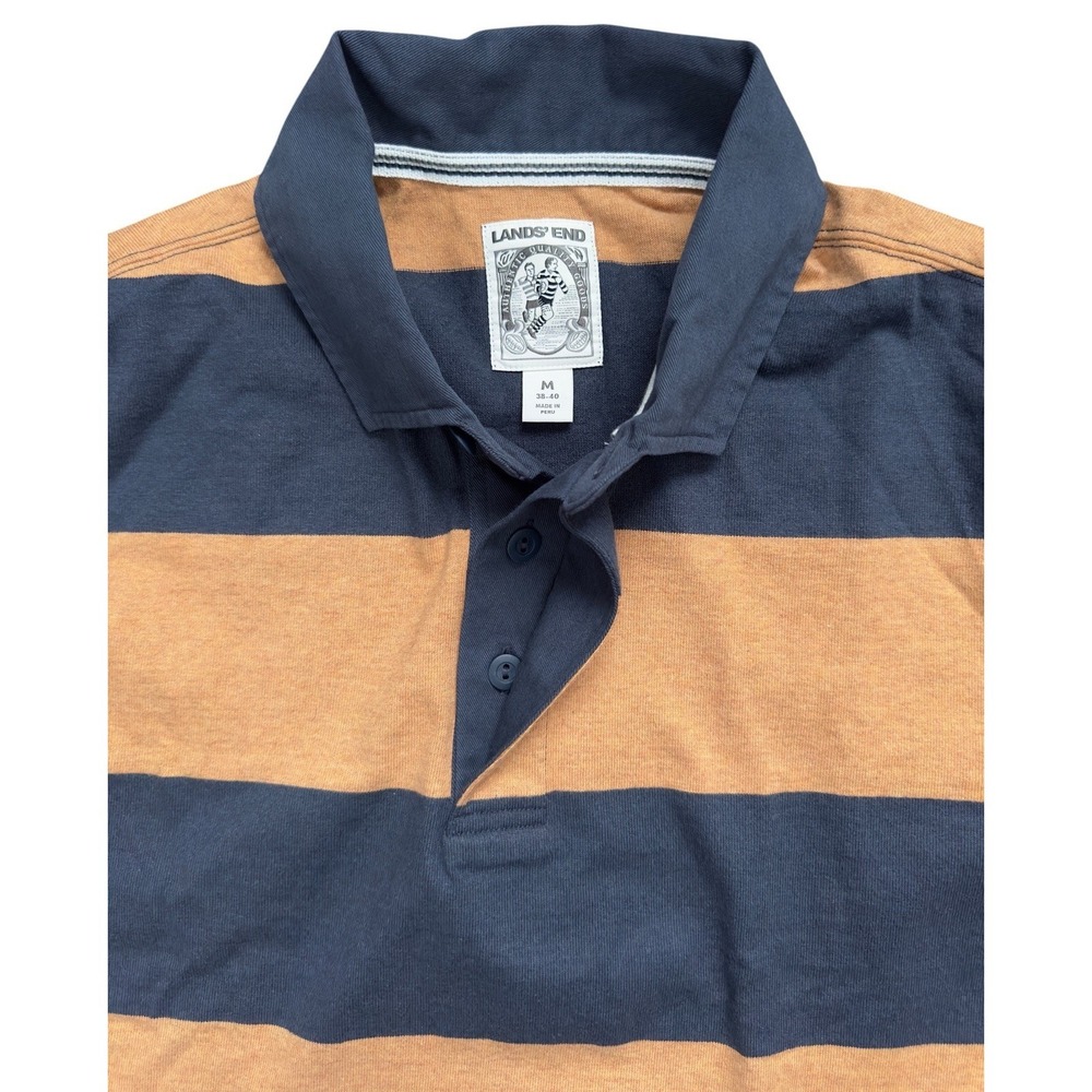 Lands' End Men's Long Sleeve Stripe Rugby Shirt French Navy Dijon Gold Size M - Picture 5 of 9